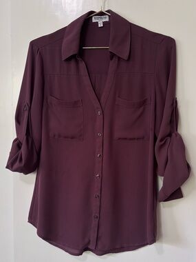 Express| Portofino Deep Plum Button Down Lightweight Roll-Up Sleeve Blouse Sz S